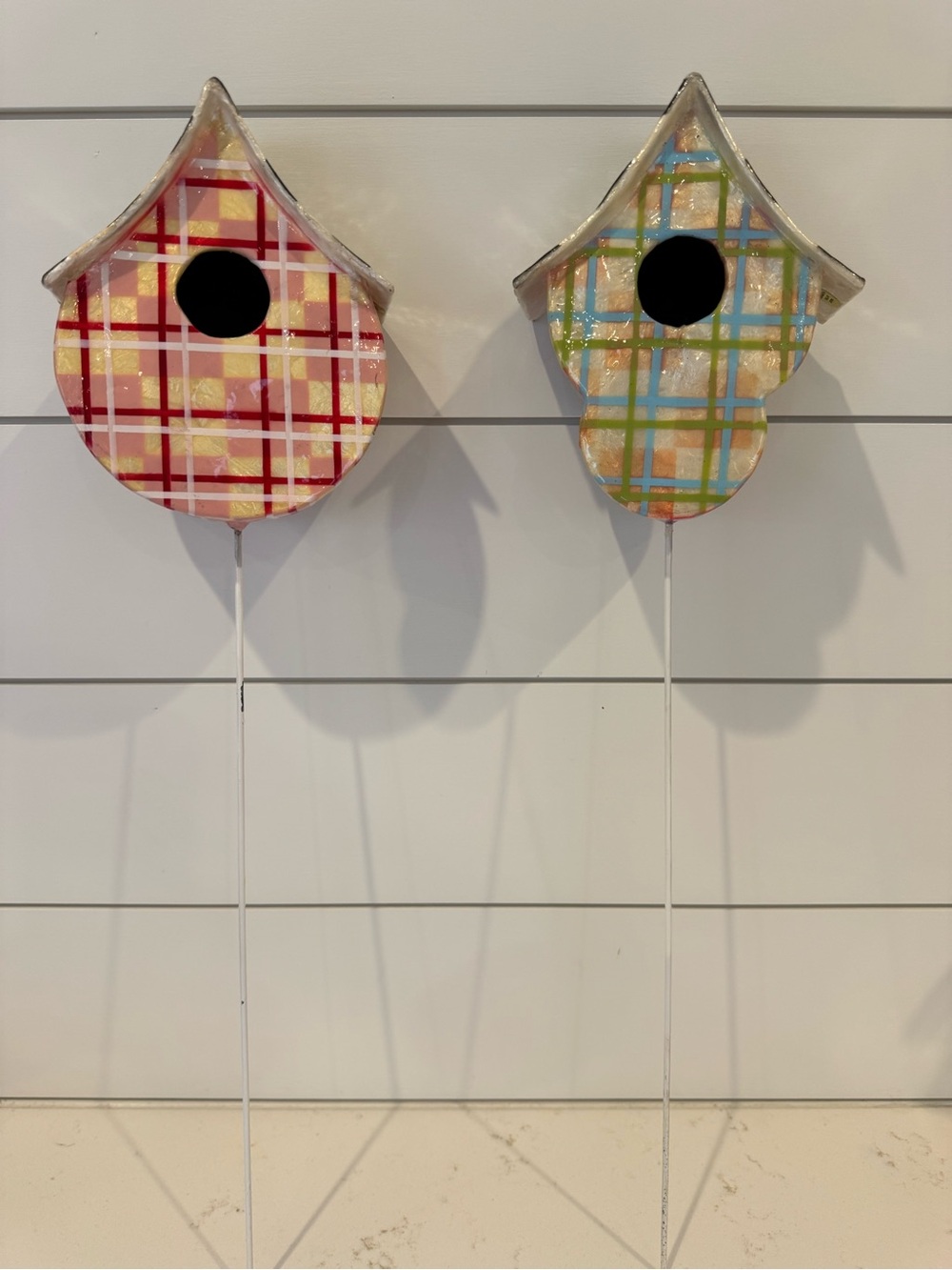 MacKenzie-Childs Hand Painted Plaid Birdhouse Garden Stakes Set of 2